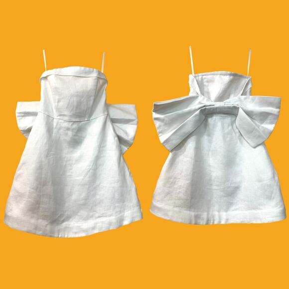 New DISSH Aisle White Linen Back Bow Mini Dress | size 4 - Picture 8 of 10